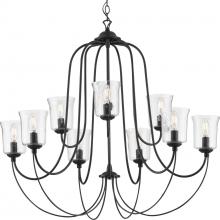 Progress P400196-031 - Bowman Collection Nine-Light Matte Black Clear Chiseled Glass Coastal Chandelier Light